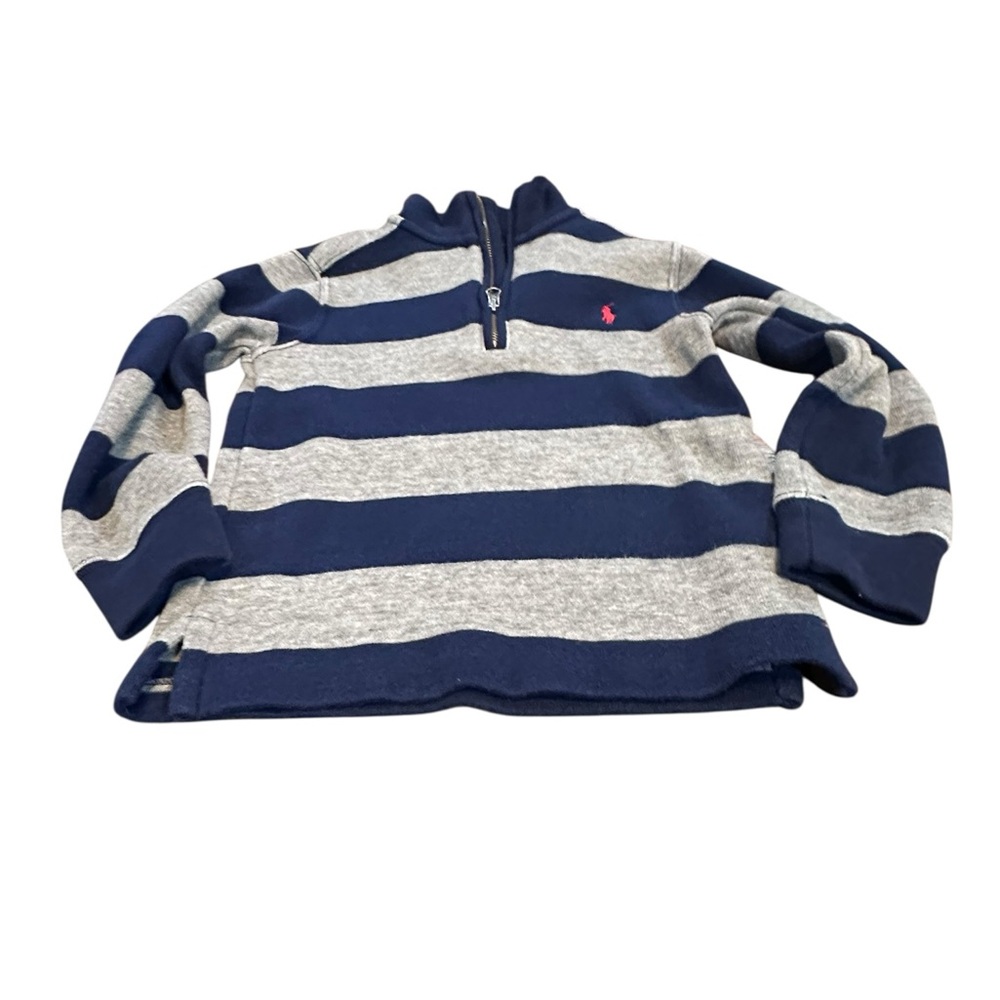 Polo Ralph Lauren Boys 4T Quarter Zip Sweater Navy Gray Stripe Pony Logo